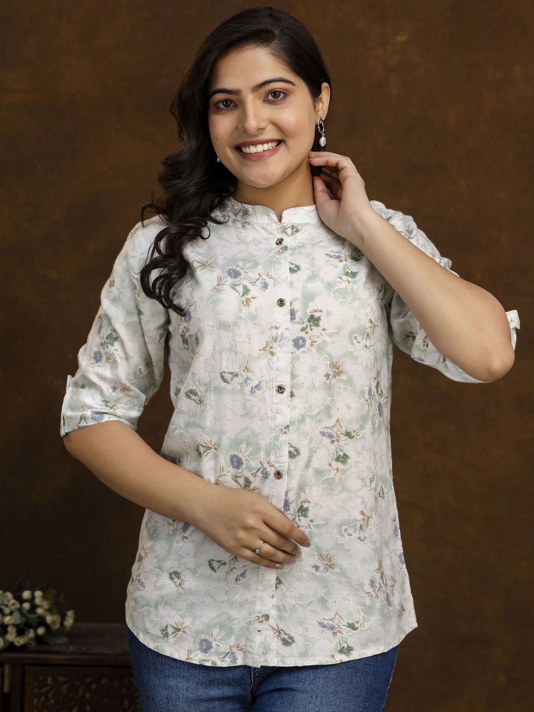 

The Bliss Fashion Women Comfort Fit Band Collar Floral Printed Casual Shirt, White