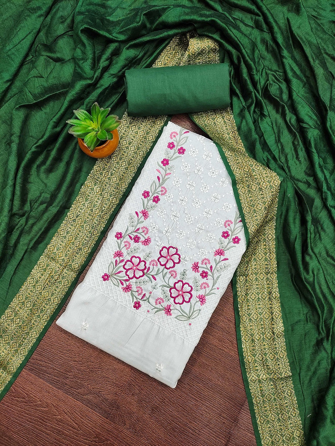 

MANVAA Floral Embroidered Unstitched Dress Material, White