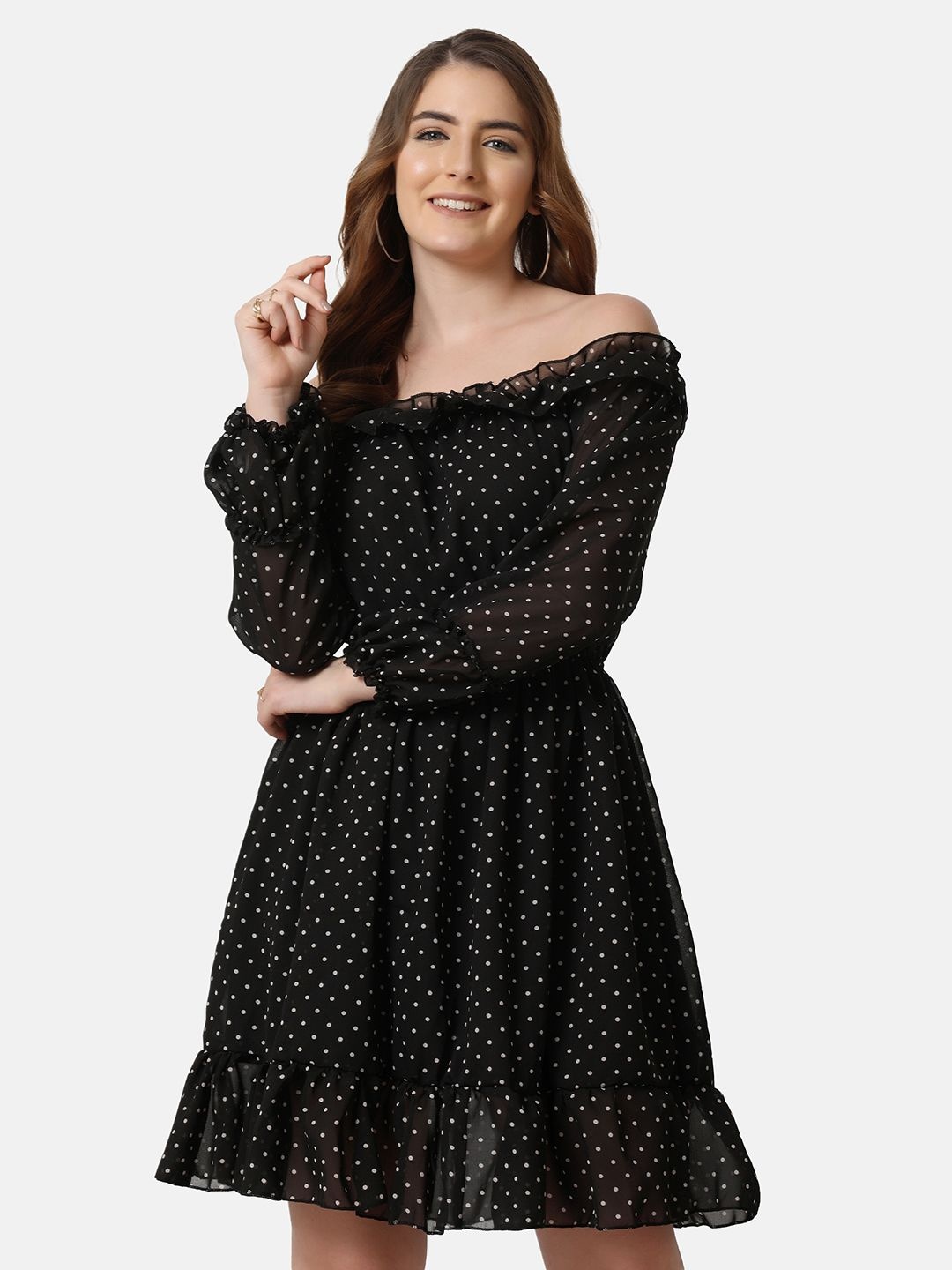 

DIMPY GARMENTS Polka Dot Print Off-Shoulder Georgette Dress, Black