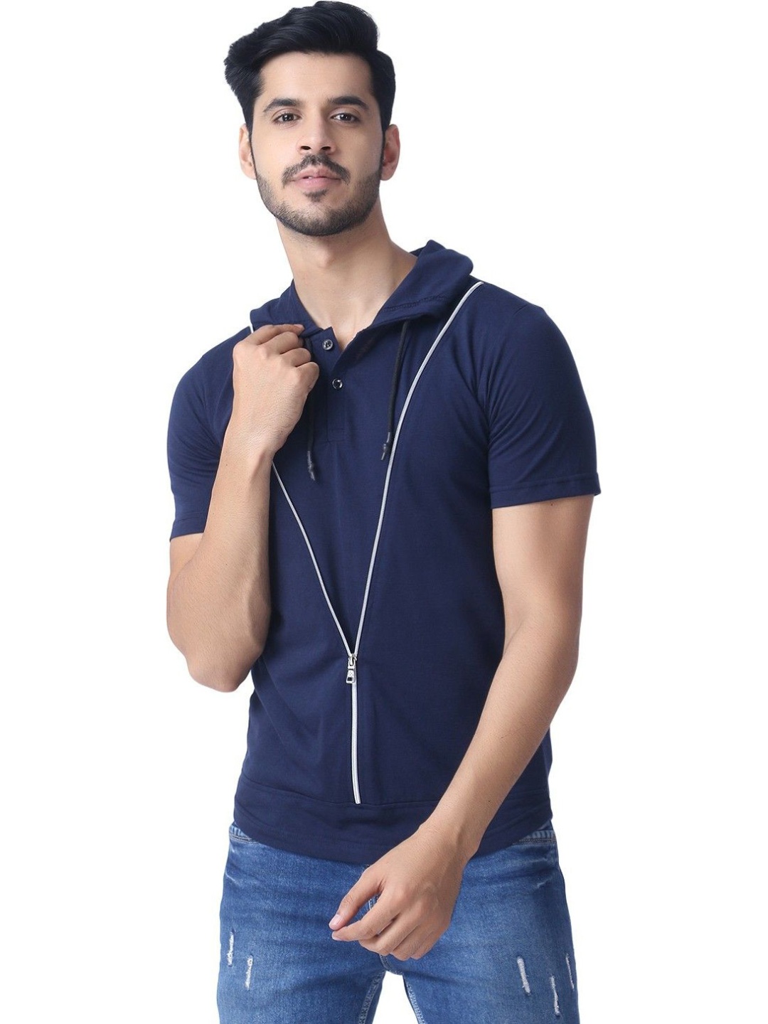 

Black Collection Men Solid Hooded Cotton Slim Fit T-shirt, Navy blue