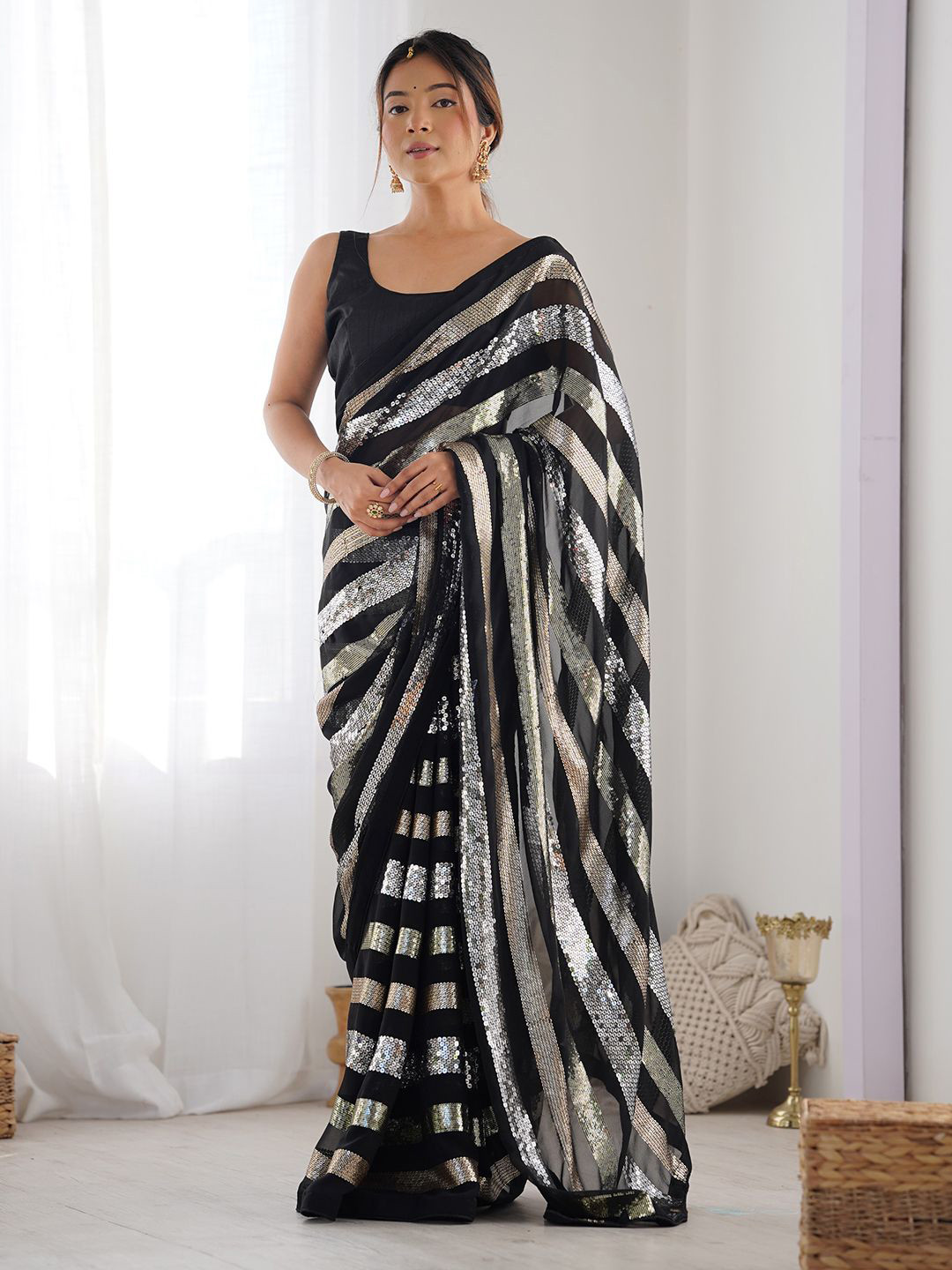 

LeeliPeeri Designer Striped Sequinned Poly Georgette Saree, Black