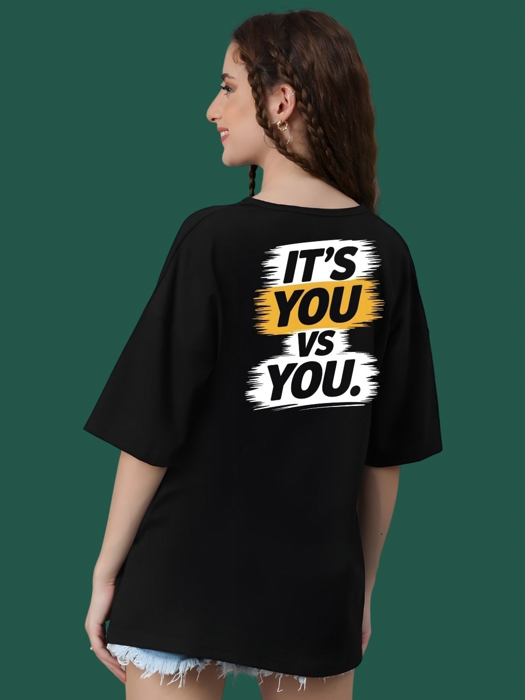 

DressBerry Women Typography Printed Round Neck Cotton Oversized T-shirt, Black