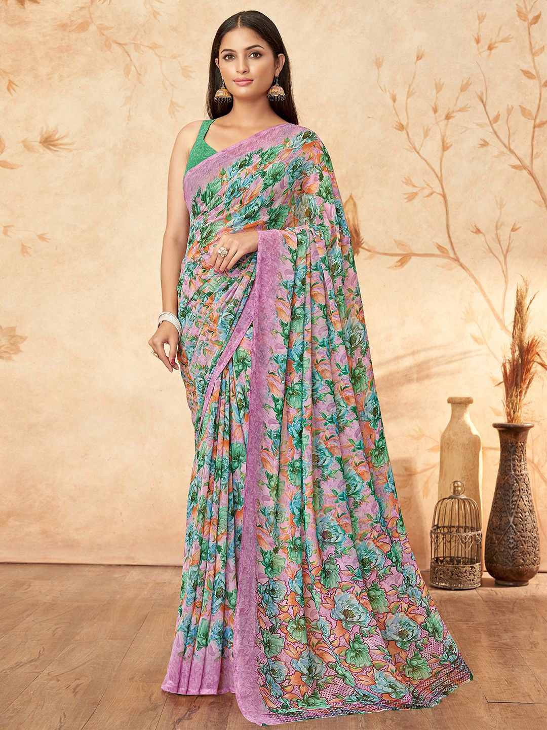 

LeeliPeeri Designer Floral Poly Georgette Saree, Green