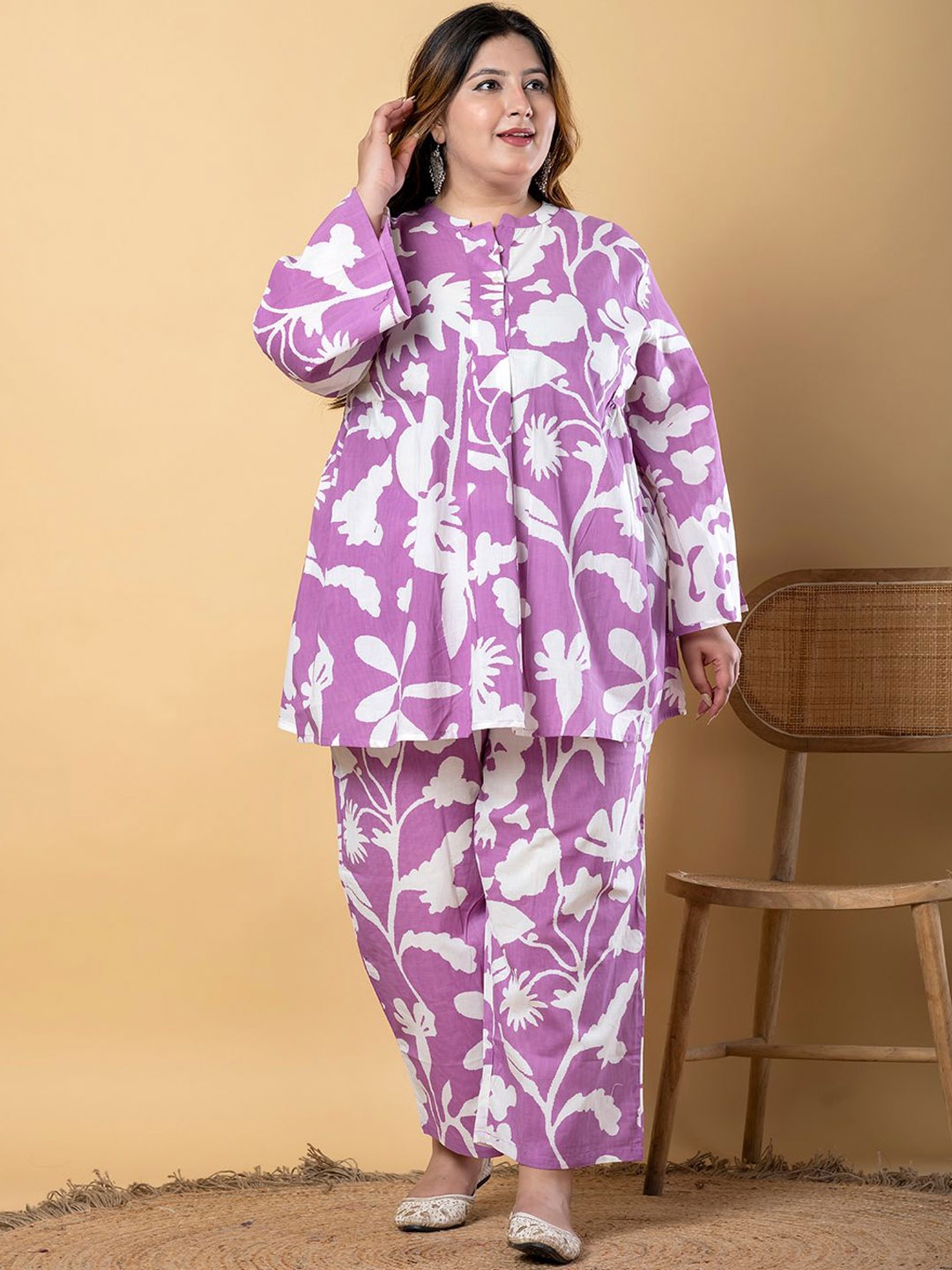 

Readiprint Floral Printed Pure Cotton A-Line Tunic With Palazzos, Purple