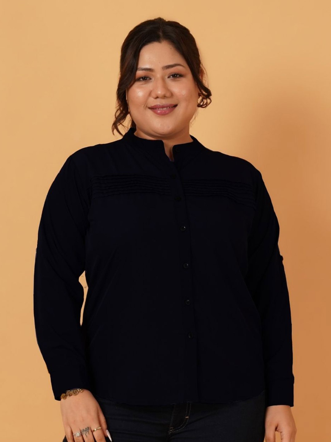 

ANGOORI FASHION Women Plus Size Straight Fit Mandarin Collar Solid Casual Shirt, Black