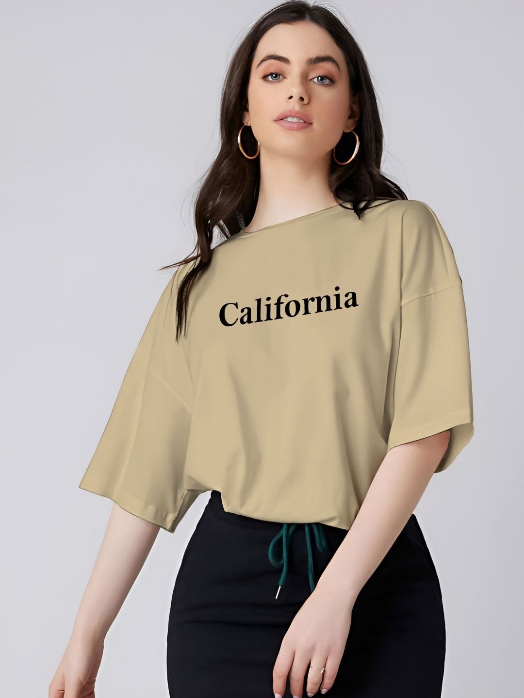 

Ajolli Women Typography Printed Round Neck Cotton Oversized T-shirt, Beige