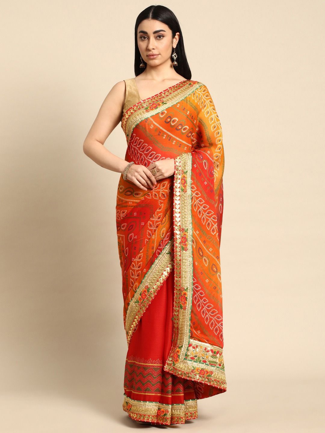 

DIVASTRI Bandhani Gotta Patti Poly Georgette Bandhani Saree, Orange