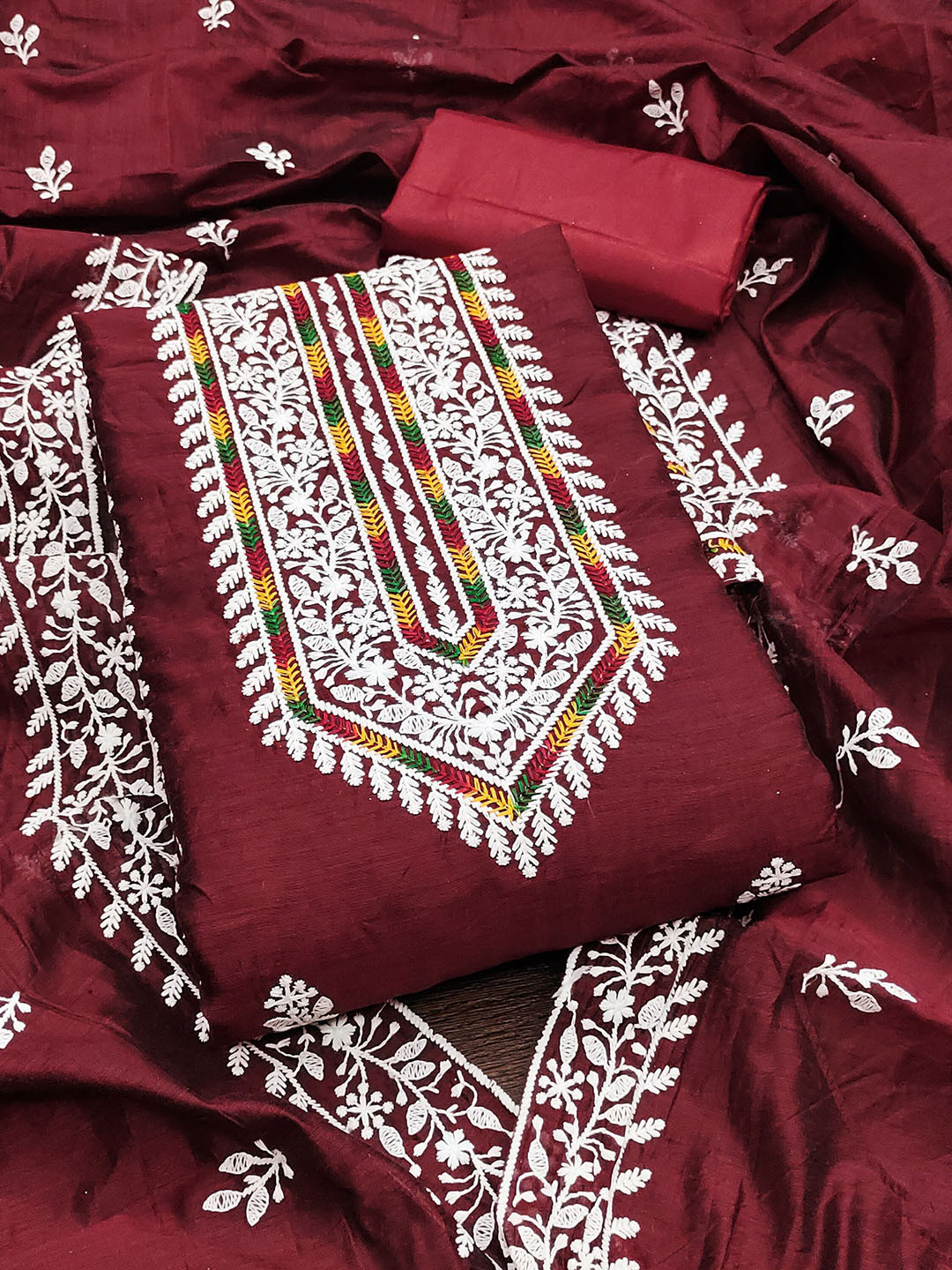 

MANVAA Floral Embroidered Thread Work Unstitched Dress Material, Maroon