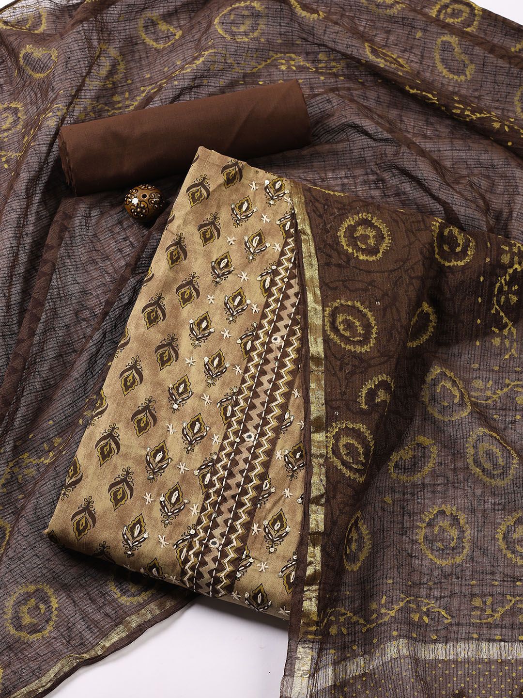 

Meena Bazaar Ethnic Motifs Printed Cotton Blend Unstitched Dress Material, Brown
