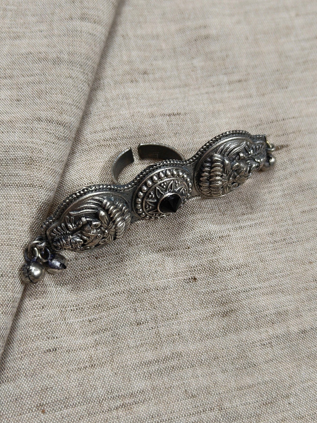 

Molcha Artificial Stones Studded Oxidised Adjustable Finger Ring, Silver