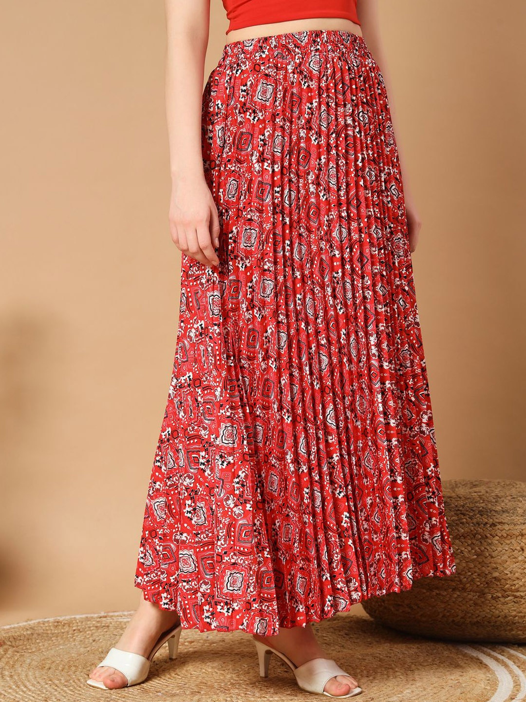 

ZWERLON Printed Pleated A-Line Maxi Skirt, Red