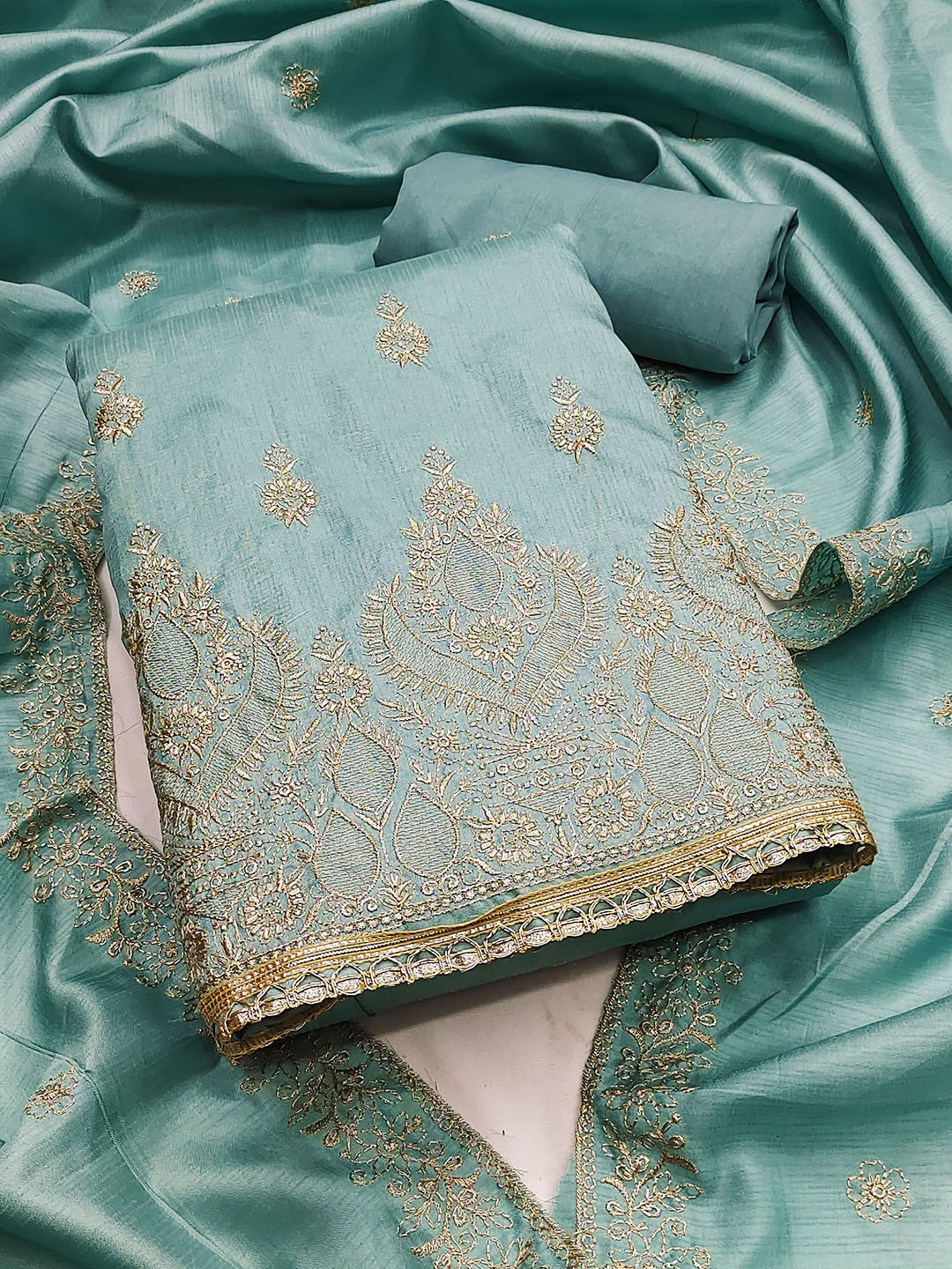 

MANVAA Ethnic Motifs Embroidered Zari Unstitched Dress Material, Sea green