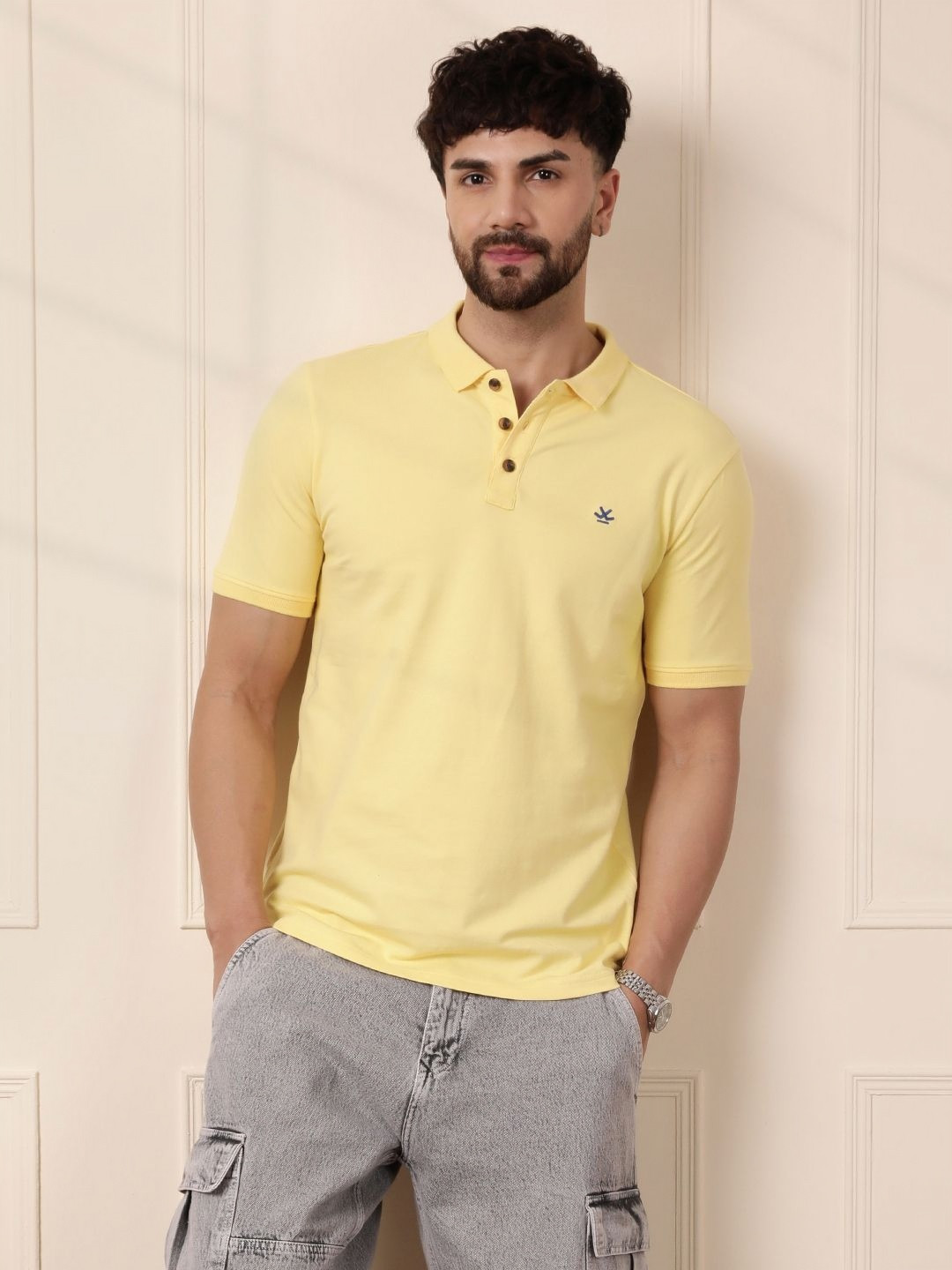 

WROGN Men Solid Polo Collar Elastane Slim Fit T-shirt, Yellow