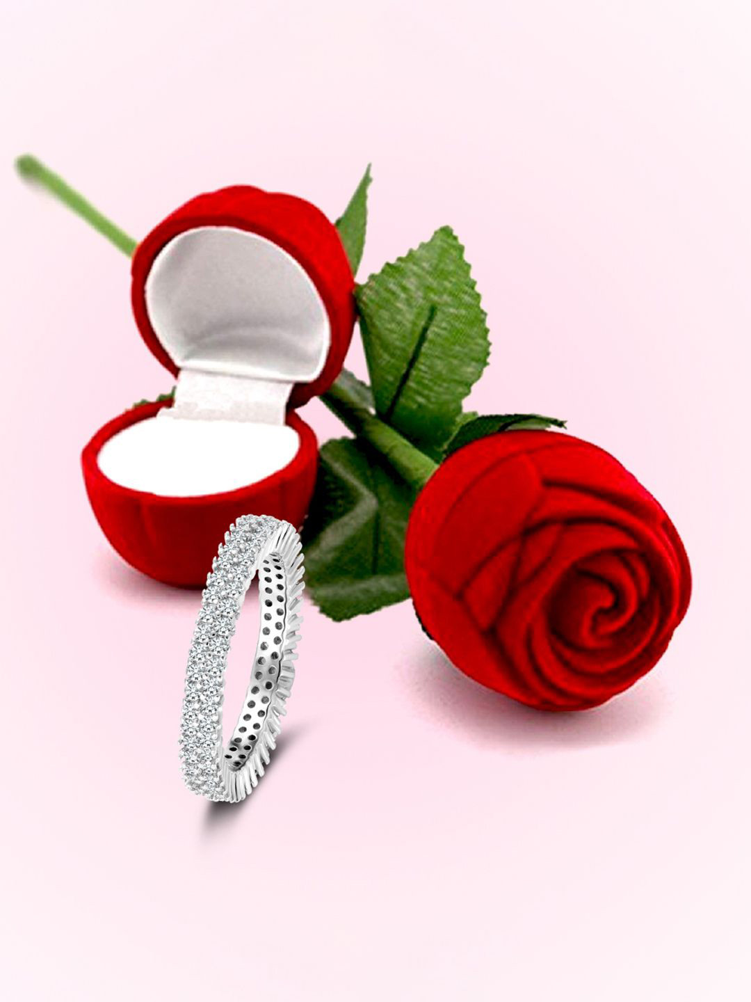 

Peora 925 Sterling Silver-Plated Cubic Zirconia Studded Finger Ring With Rose Gift Box