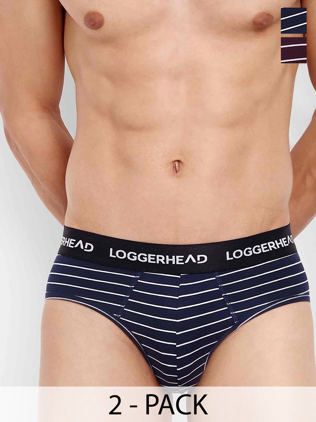 

LOGGERHEAD Pack Of 2 Cotton Striped Mid Rise Licra Briefs, Navy blue