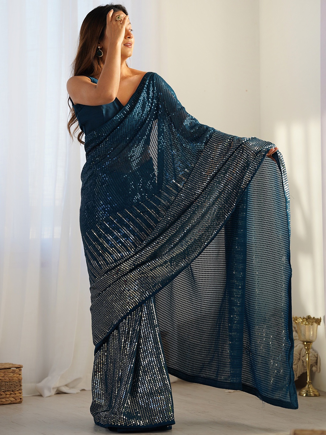 

VARNI FABRICS Embellished Sequinned Pure Georgette Saree, Teal