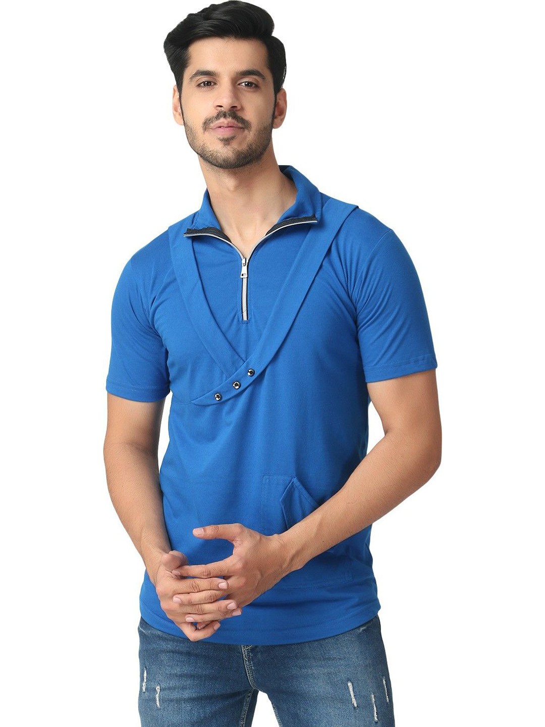 

Black Collection Men Solid High Neck Cotton T-shirt, Blue