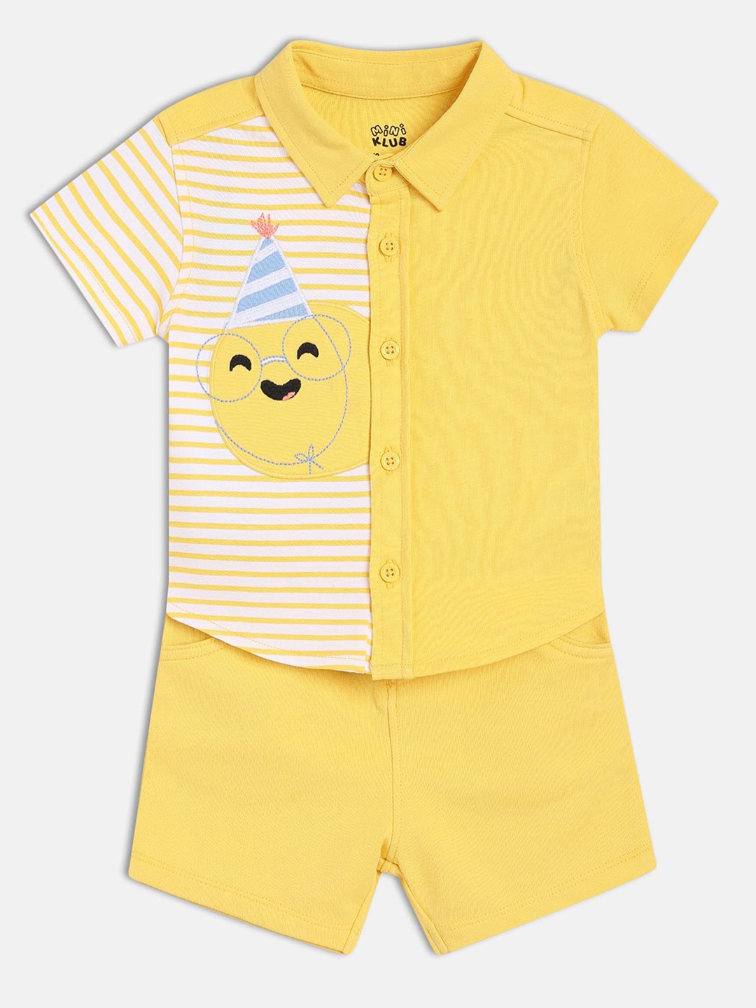 

MINI KLUB Boys Striped Shirt Collar Pure Cotton Shirt With Shorts, Yellow