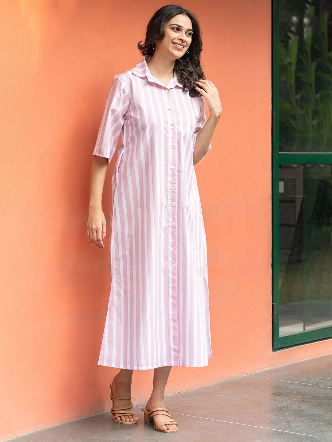 

GULABOSITABO Women Striped Shirt Collar Cotton Shirt Midi Dress, Pink