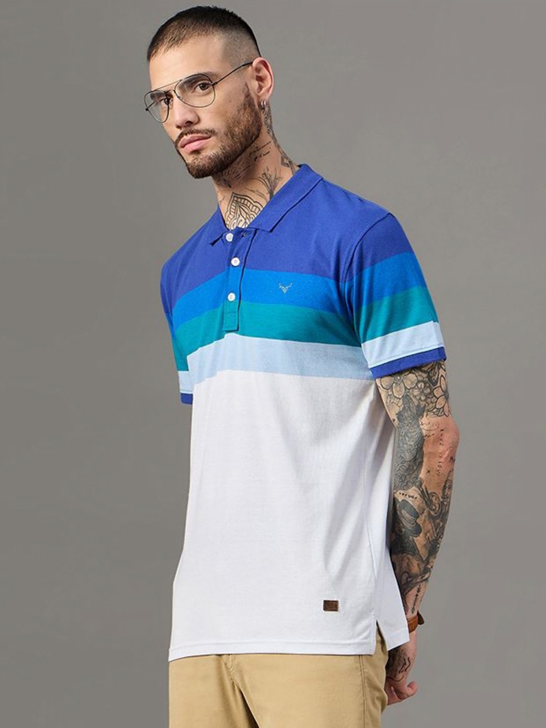 

BRONATION Men Striped Polo Collar Cotton T-shirt, White