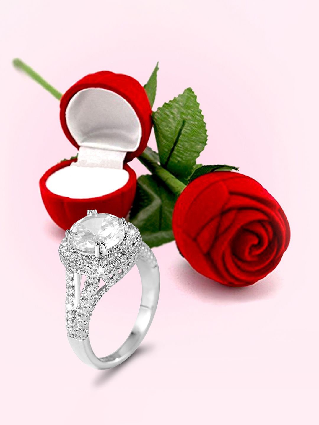 

Peora Silver-Plated American Diamonds Studded Finger Ring With Rose Gift Box