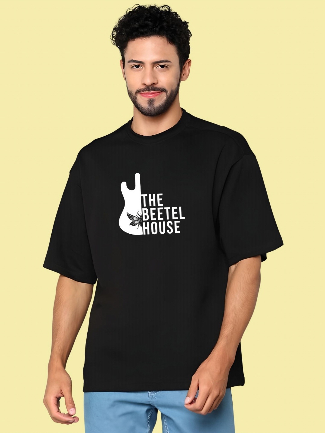 

THE BEETEL HOUSE Men Graphic Printed Round Neck Cotton Oversized T-shirt, Black
