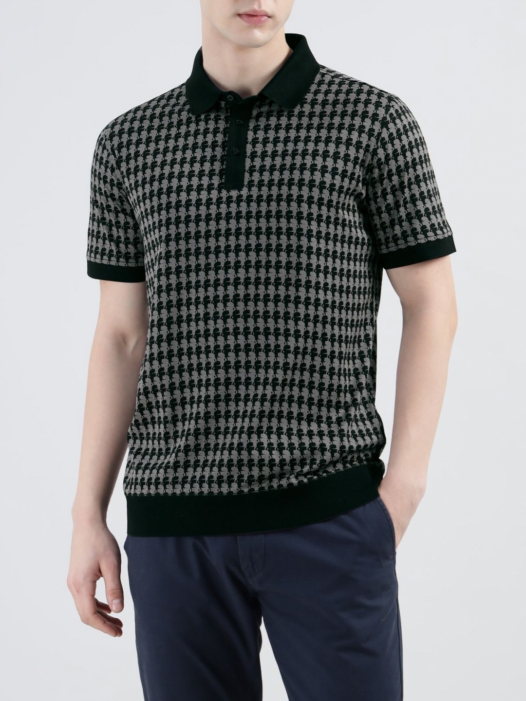 

Karl Lagerfeld Men Graphic Printed Polo Collar Cotton T-shirt, Black
