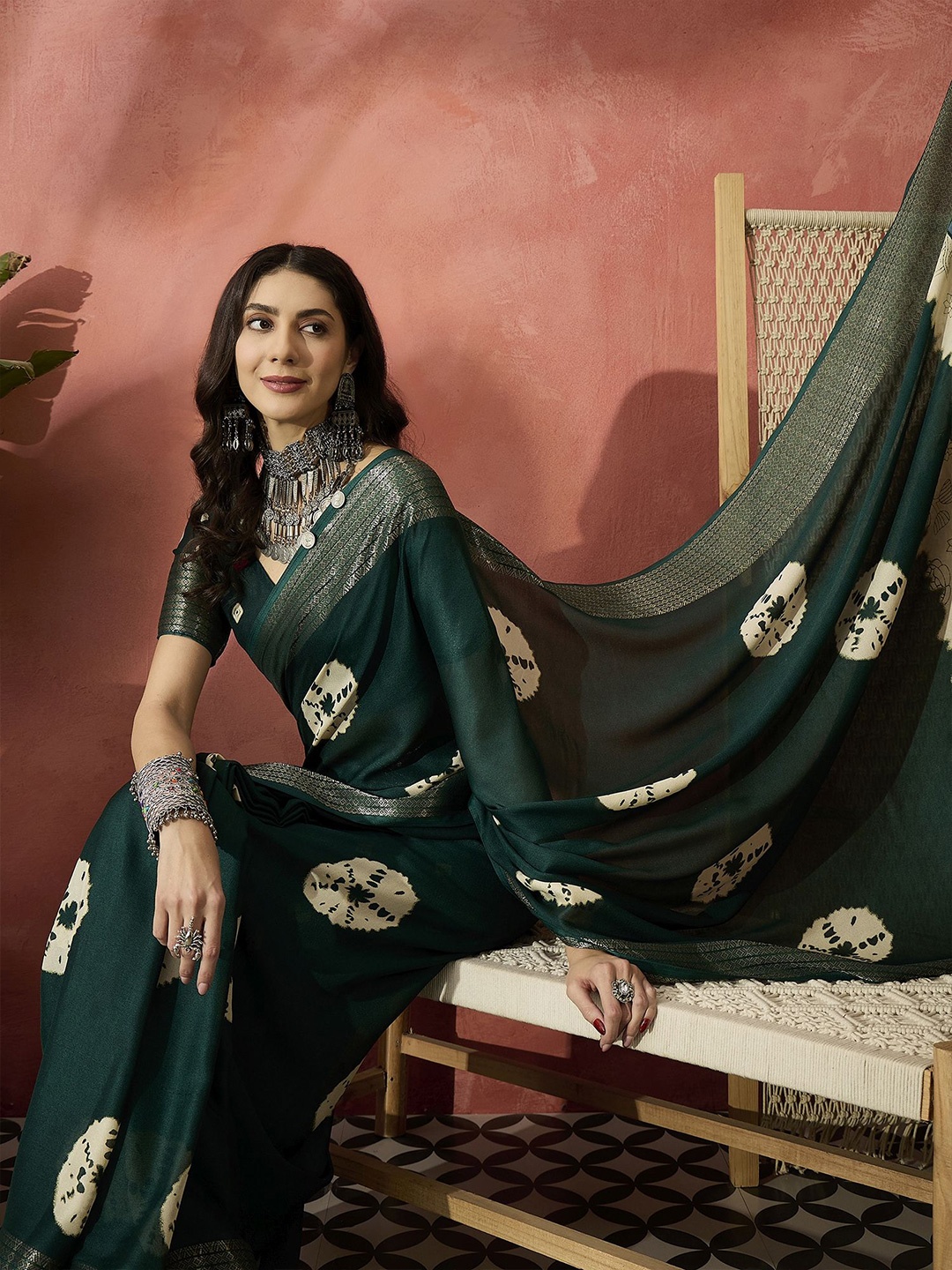 

Sangria Women Printed Woven Design Leheriya Saree, Green
