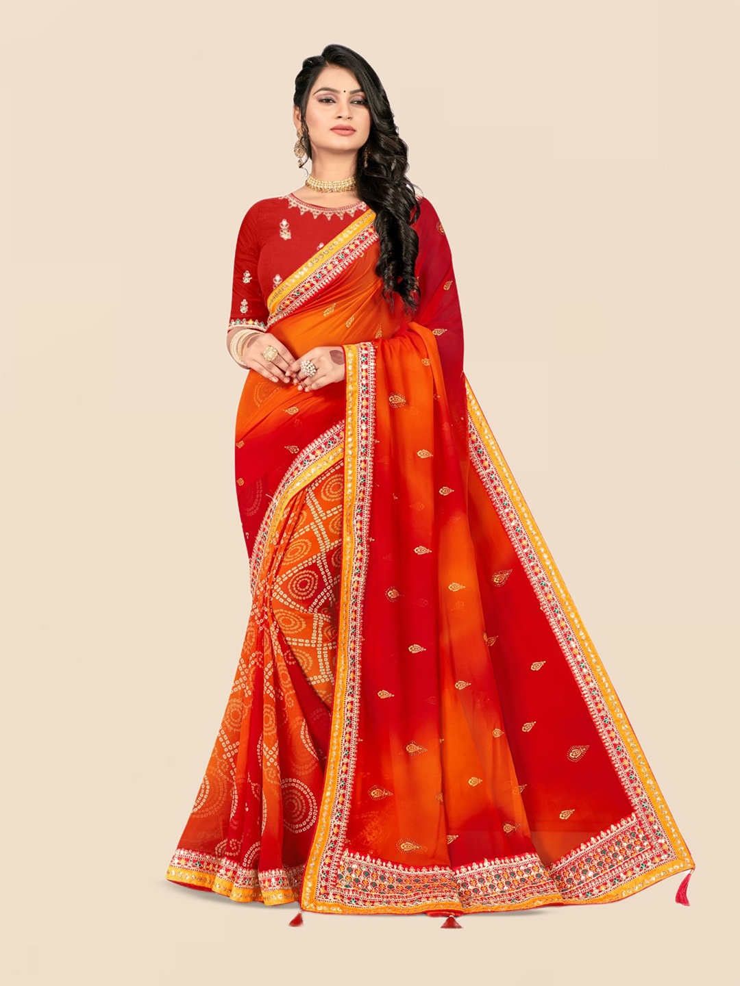 

DIVASTRI Bandhani Poly Georgette Bandhani Saree, Red