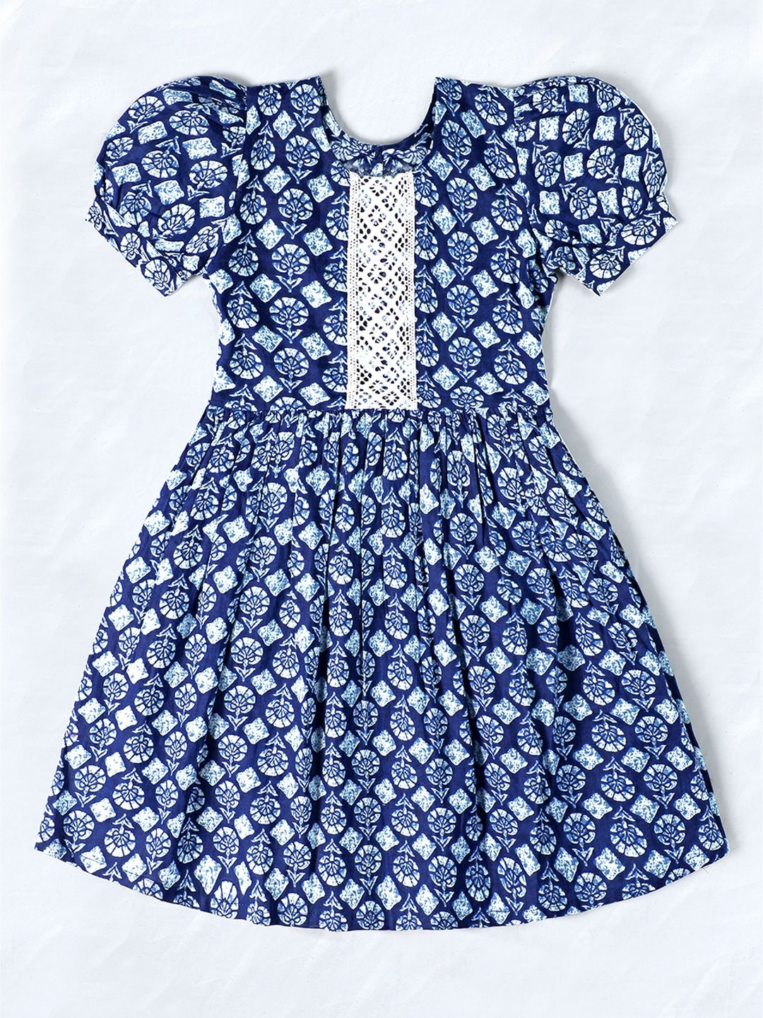 

YK Print Puff Sleeve Fit & Flare Dress, Blue