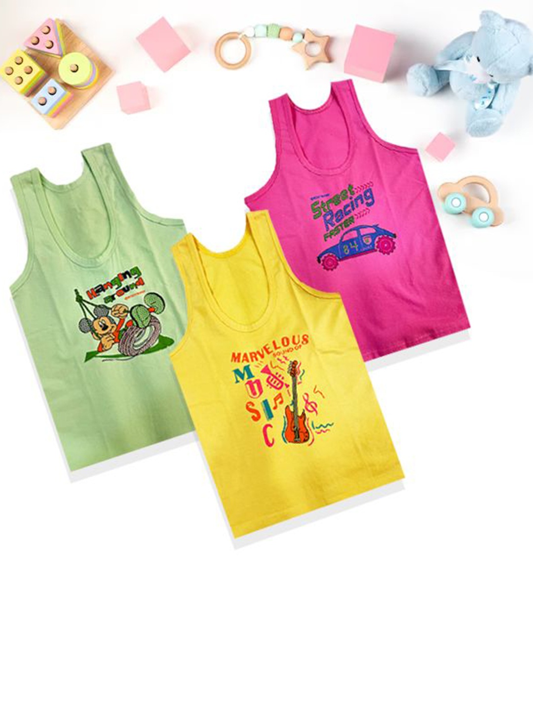 

Mega style Kids Pack Of 3 Printed Pure Cotton Innerwear Vests, Green