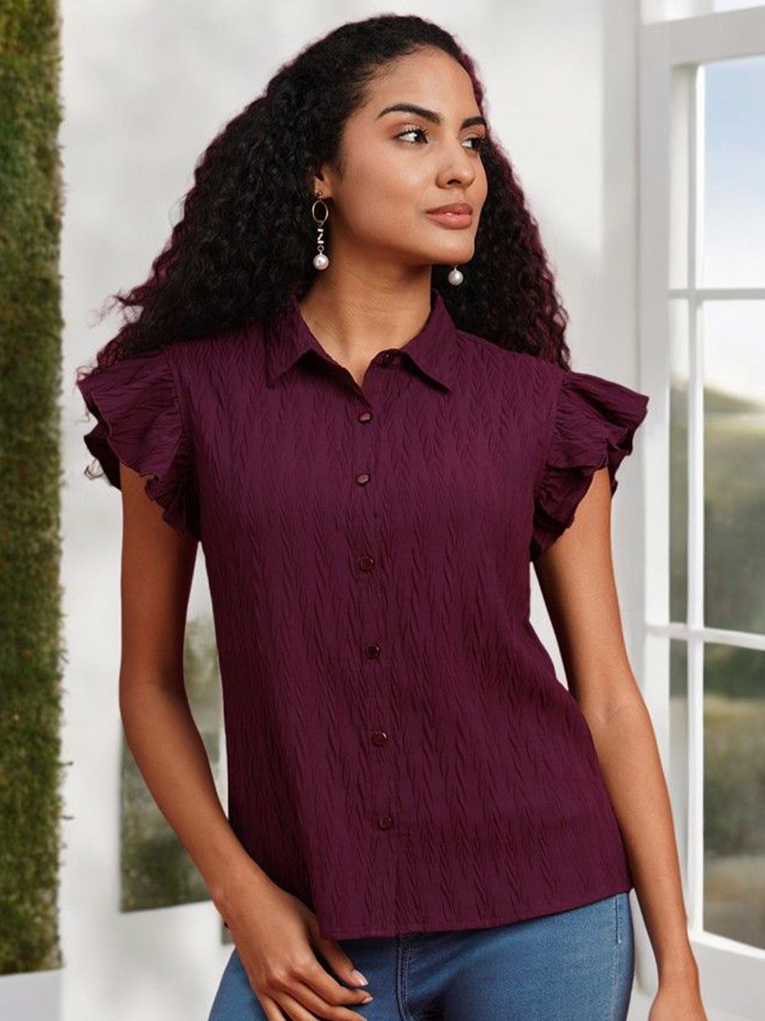 

ANJIR Women Shirt Collar Self Design Casual Shirt Style Top, Burgundy