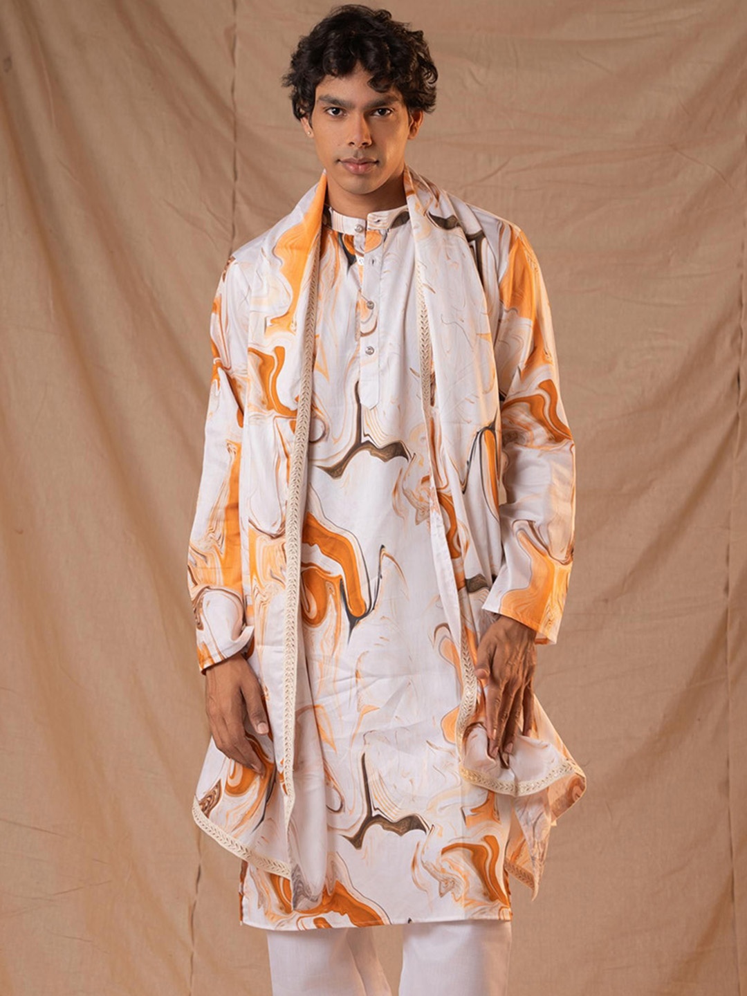 

5 Stitch Quirky Printed Band Collar Straight Kurta With Pyjamas And Dupatta, Orange