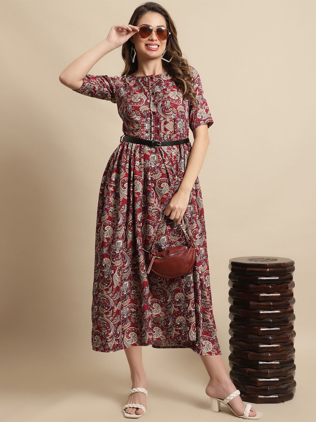 

Metronaut Ethnic Motifs Print Fit & Flare Midi Dress, Maroon