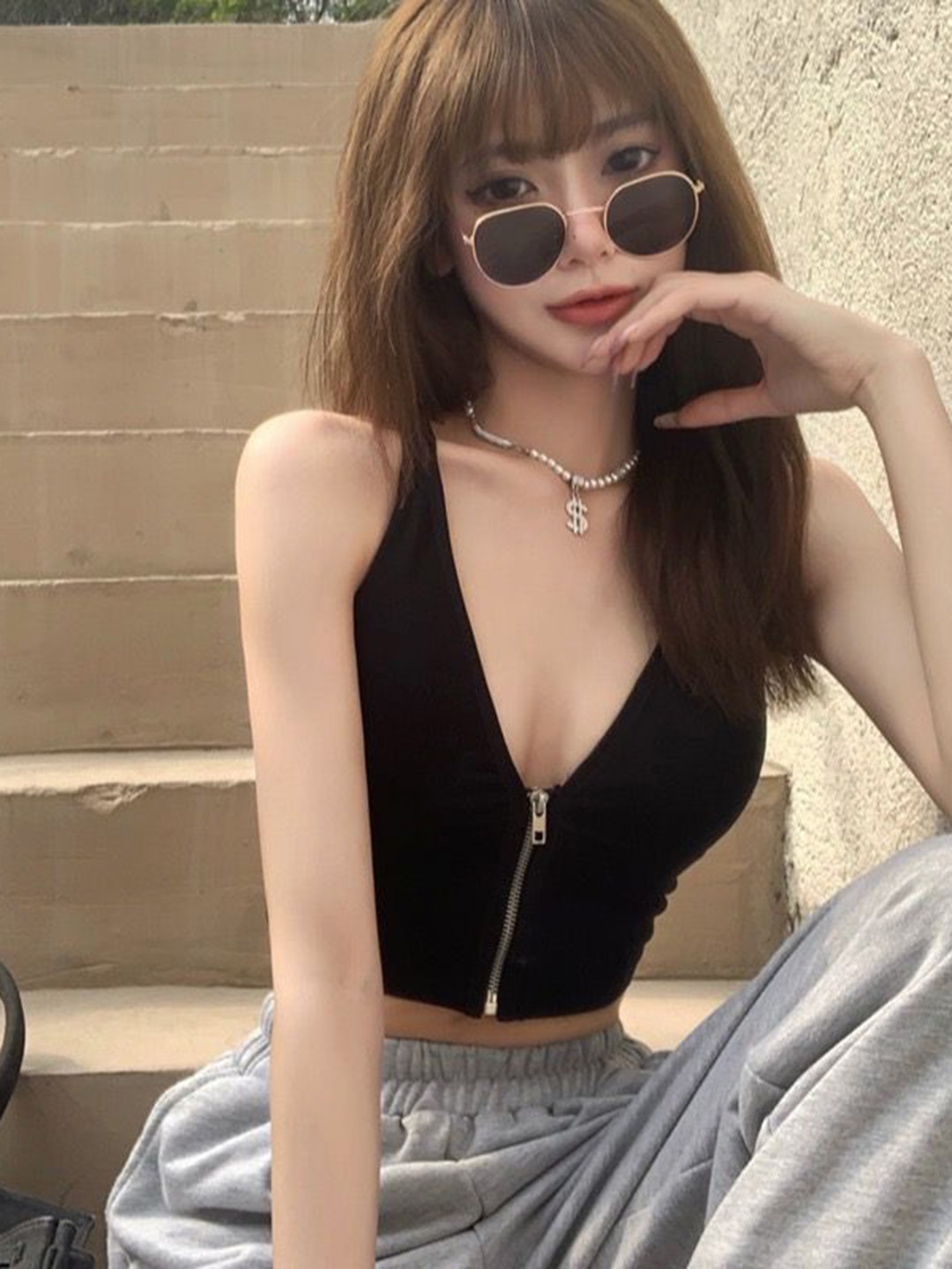 

MADE FOR HER LABEL Alessia Plunging Neckline Cami Bralette Cotton Crop Top, Black