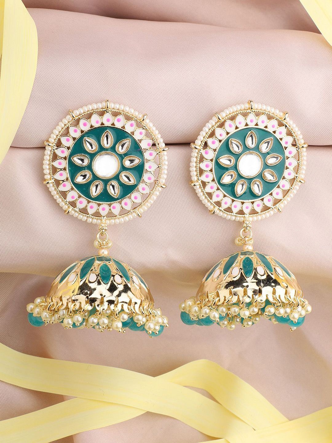 

Anouk Gold-Plated Kundan Studded Dome Shaped Meenakari Jhumkas