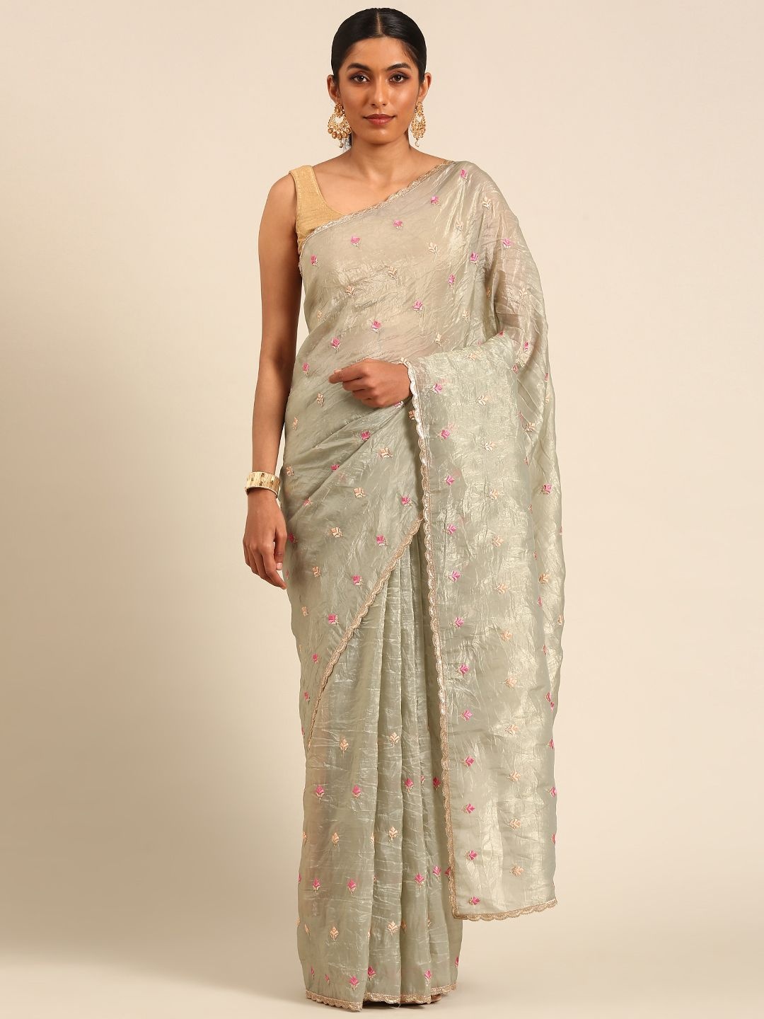 

LeeliPeeri Designer Floral Sequinned Tissue Saree, Green
