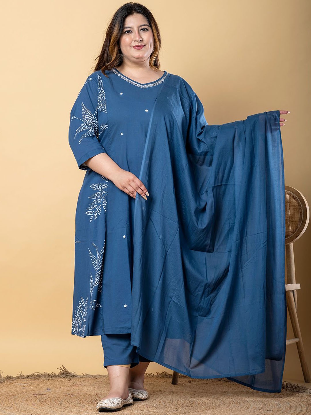 

Readiprint Plus Size Printed Pure Cotton Anarkali Kurta with Trousers & Dupatta, Blue