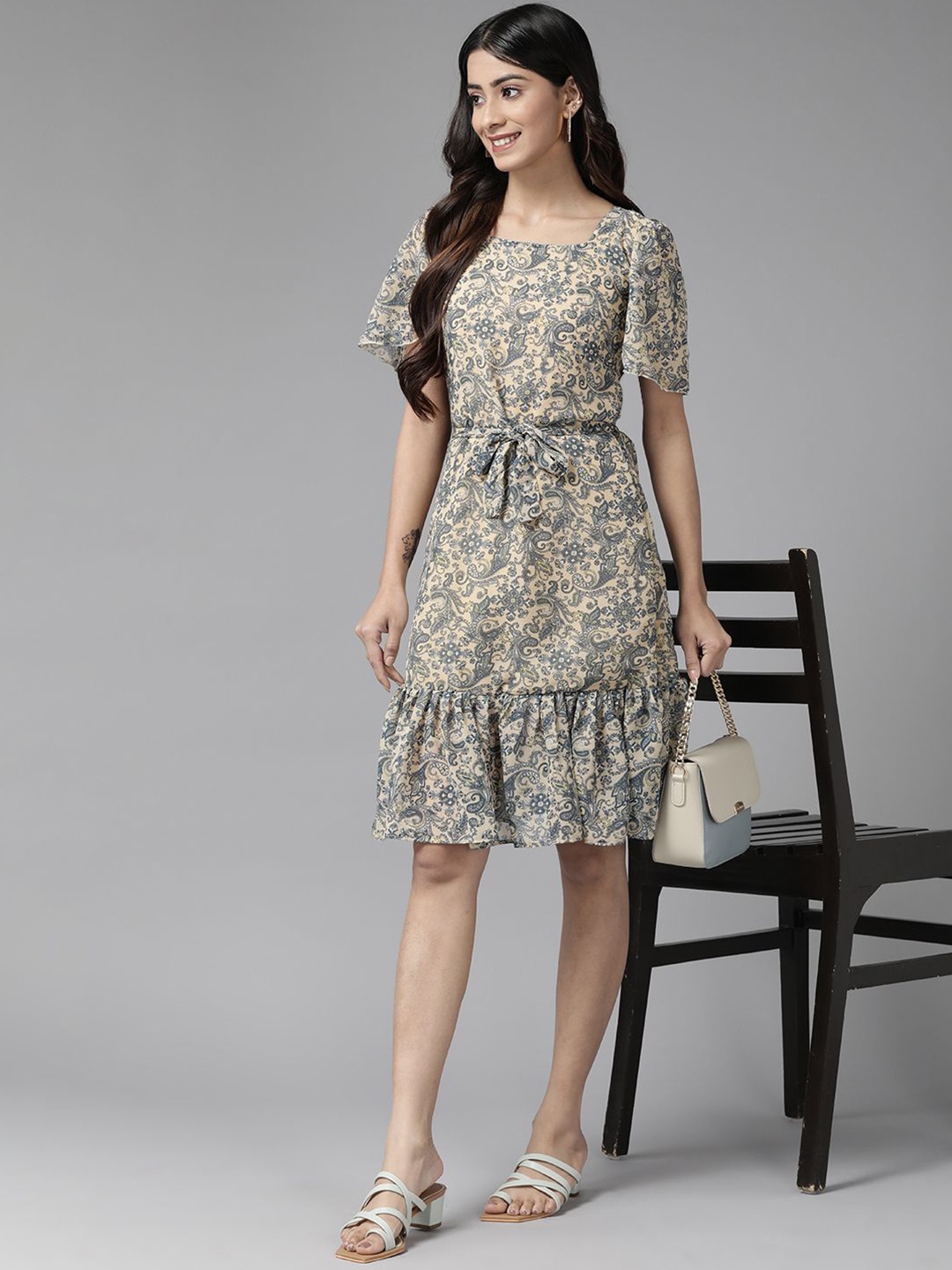 

CORSICA Ethnic Motifs Print Puff Sleeve Georgette A-Line Dress, Beige