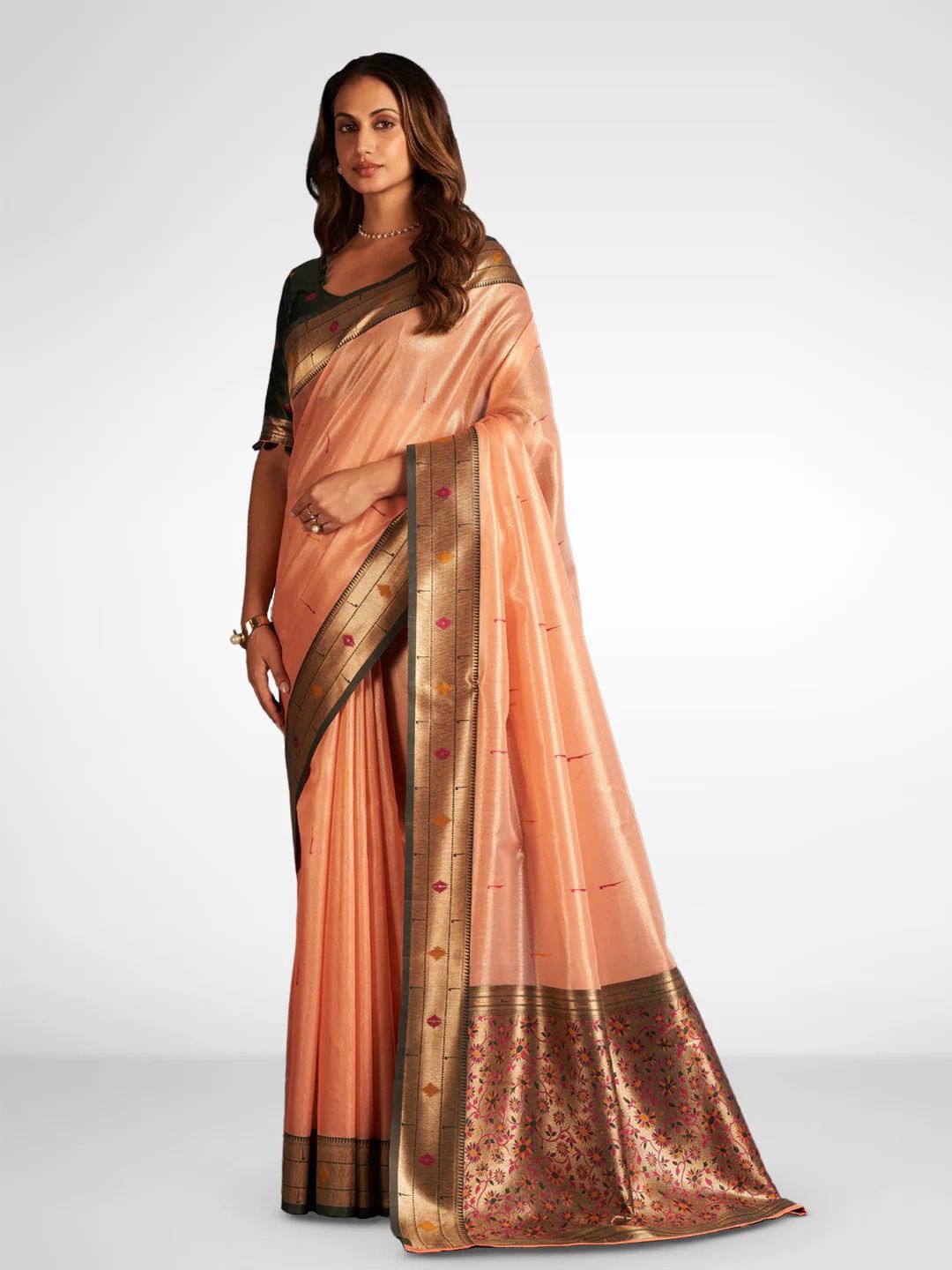 

NK Textiles Ethnic Motifs Zari Tissue Paithani Saree, Coral