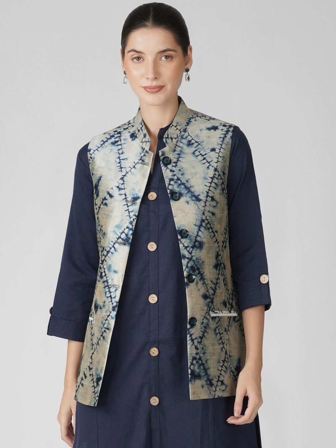 

KALINI Women Printed Nehru Jacket, Blue