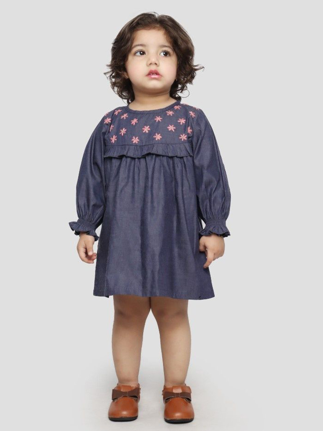 

BAESD Girls Cotton Denim Floral Embroidery Empire Dress, Blue