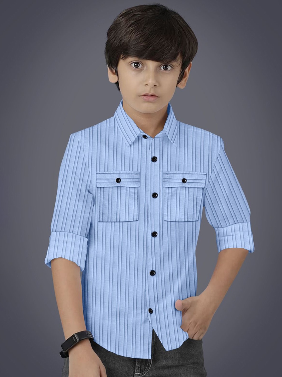 

BAESD Boys Modern Fit Spread Collar Vertical Striped Cotton Casual Shirt, Blue
