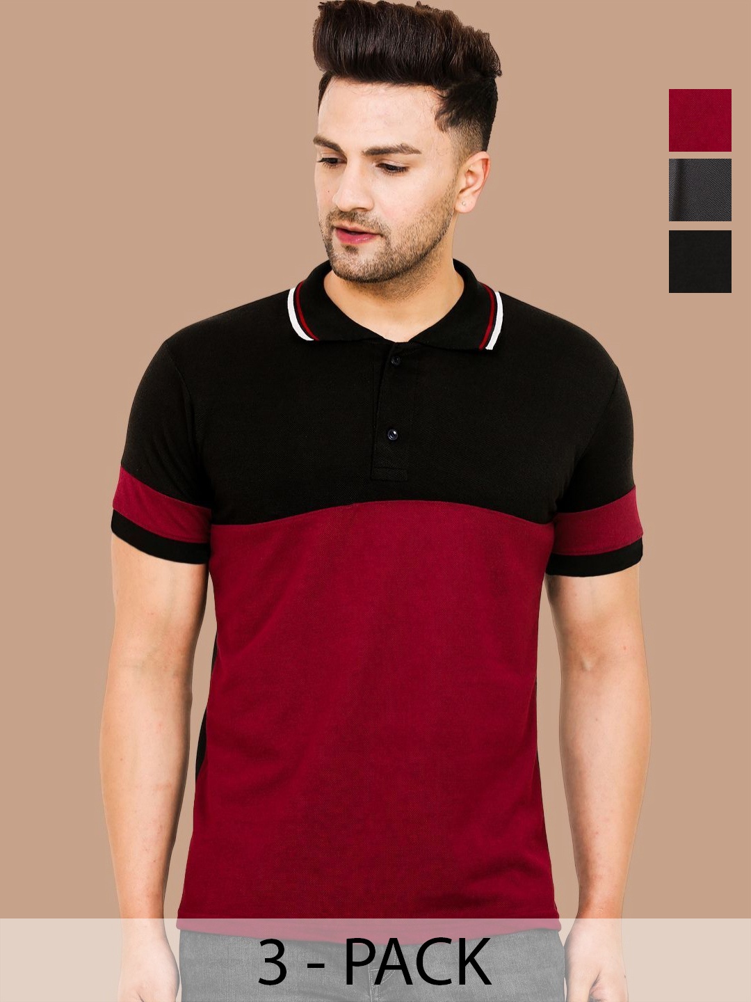 

Leotude Men Pack Of 3 Colourblocked Polo Collar Cotton T-shirts, Black