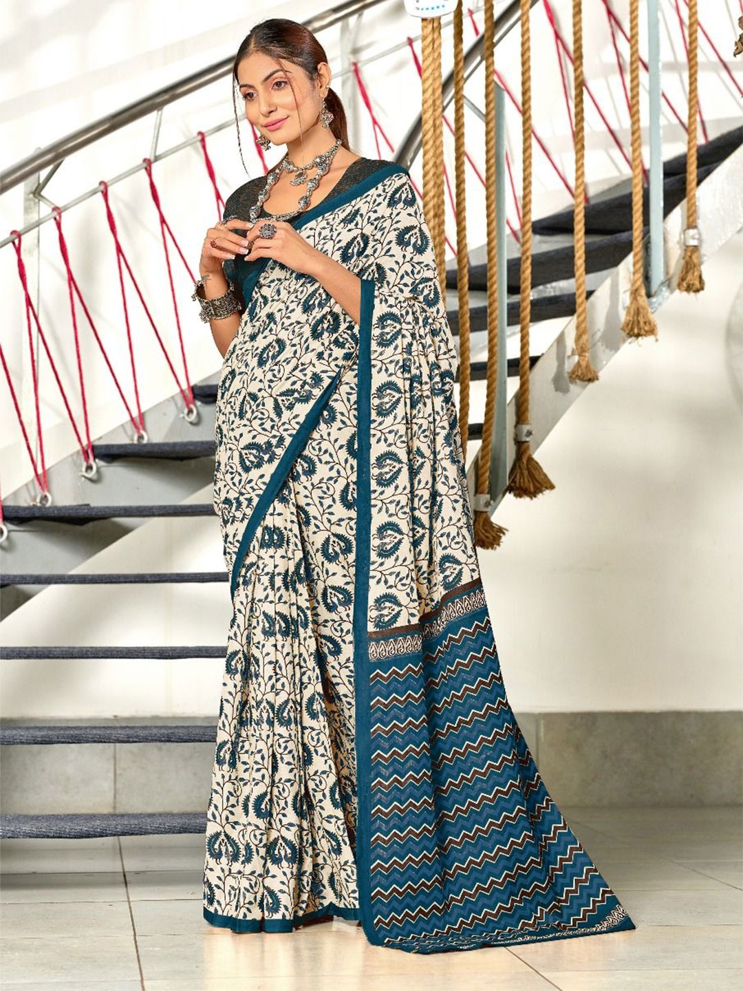 

Anouk Floral Printed Pure Cotton Ready to Wear Block Print Saree, Blue