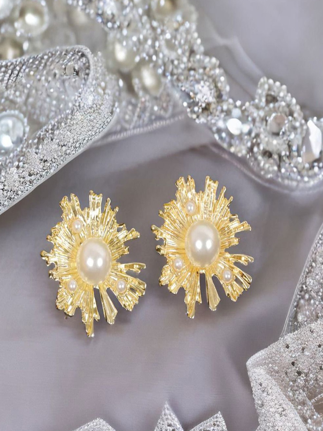 

DressBerry Gold-Plated Pearls Studded Contemporary Shaped Drop Earrings