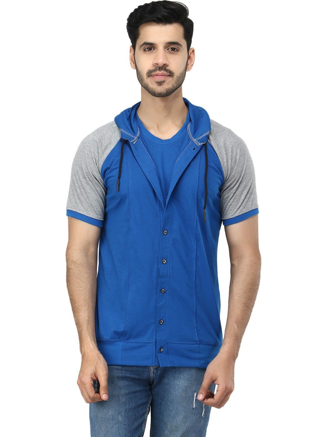 

Black Collection Men Colourblocked Hooded Sweatshirt, Blue