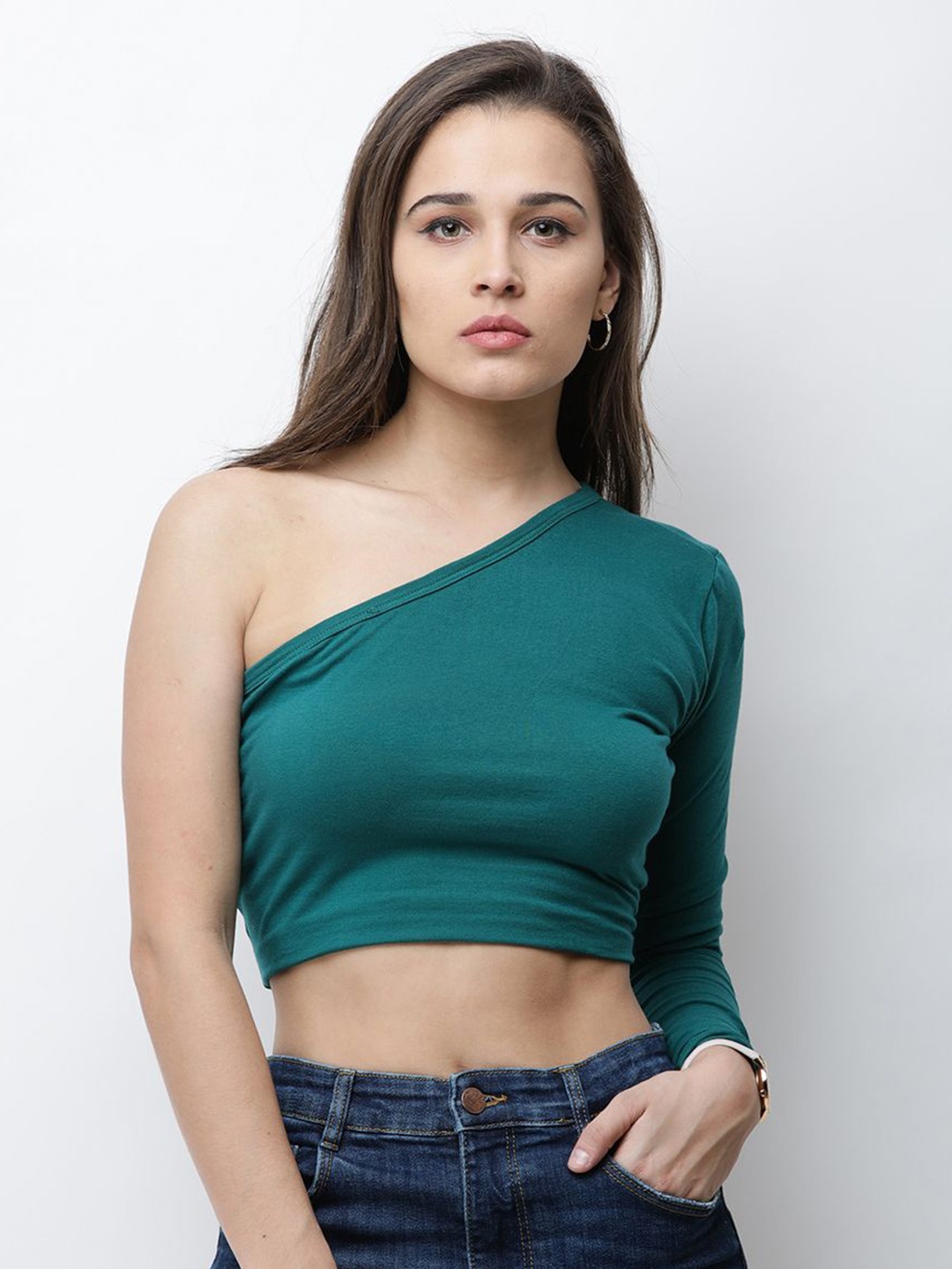 

Moda Rapido One Shoulder Cotton Crop Top, Green