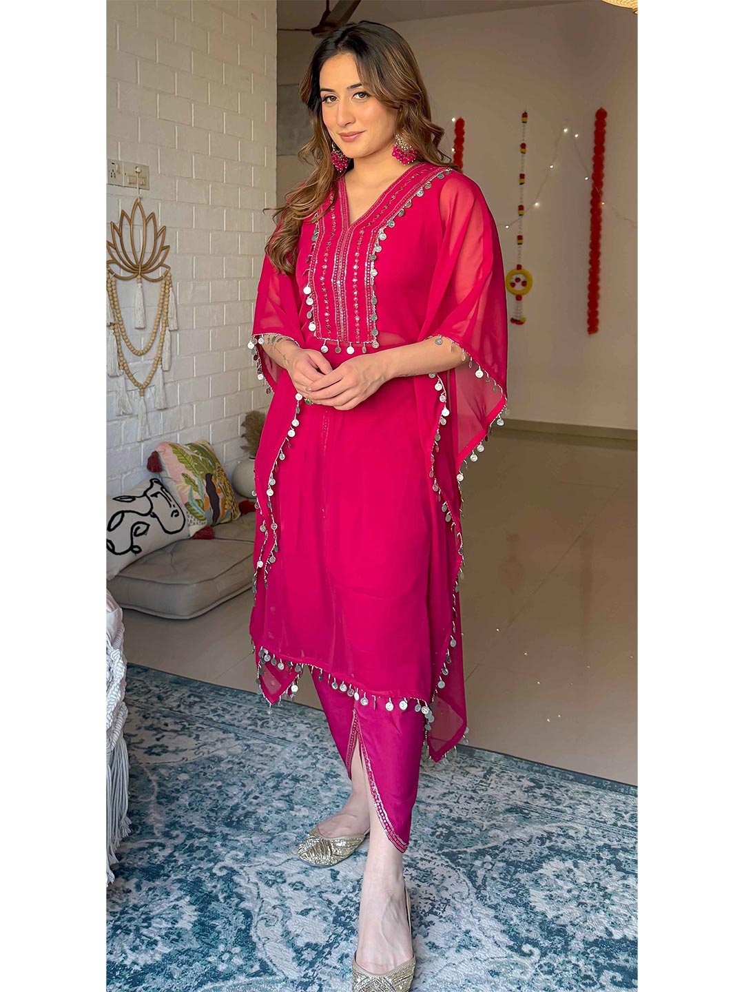 

FFI Women Embroidered Regular Mirror Work Kurta with Dhoti Pants, Pink