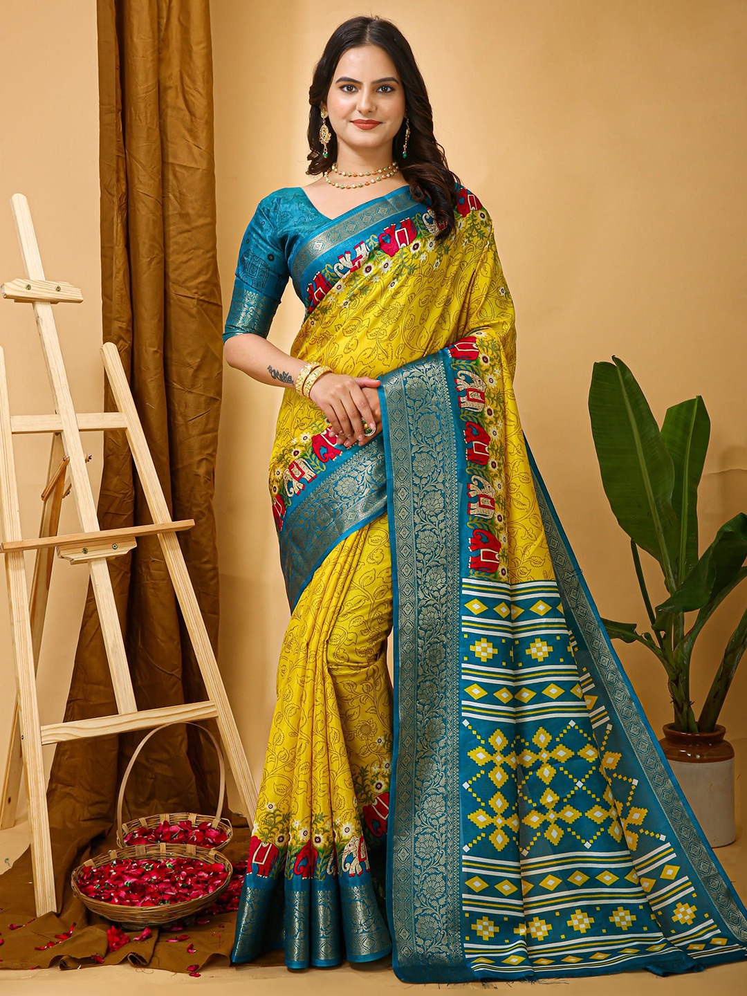 

KALINI Floral Zari Art Silk Banarasi Saree, Yellow